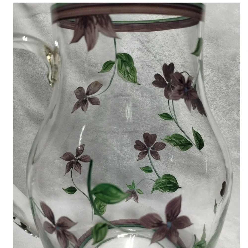 Vintage Hand Painted Glass Pitcher Floral Vine Pattern‎ Clear Glass Carafe